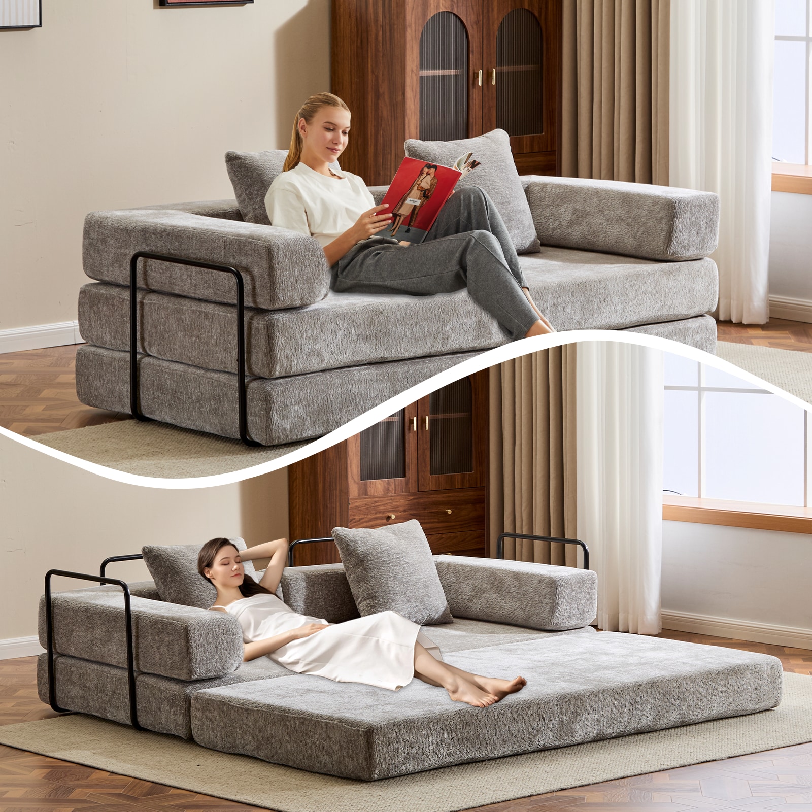 Floor Couch,Compression Sofa,Convertible Floor Sofa Bed-with Pillow Back Support Armrest,Comfy Futon Couch Lounge Sleeper Bed (Light-Grey)_voghion.com